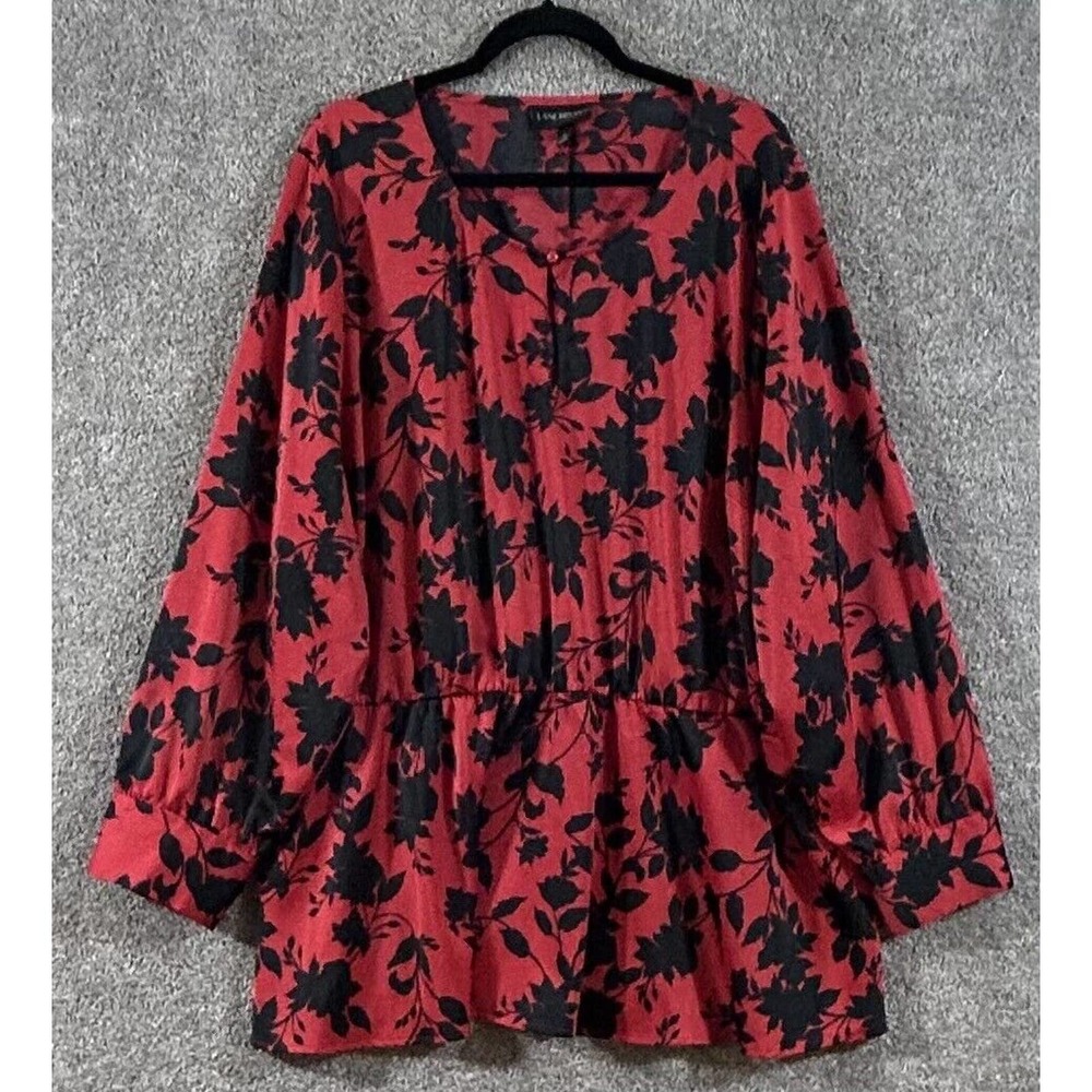 Lane Bryant Top Womens 28=4X Red Black Floral Key Hole Pullover Blouse